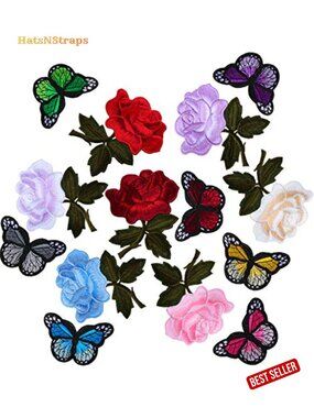 14 Embroidery Rose & Butterfly Iron-On Applique Patches for Jackets Jeans Hats